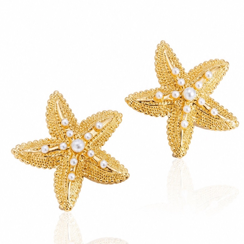 Gold Starfish Pearl Accent Stud Earrings - Women Jewelry